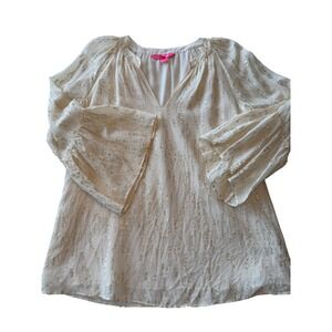 Lilly Pulitzer Silk Gold Metallic Fil Coupe Bell Sleeve Blouse White Small